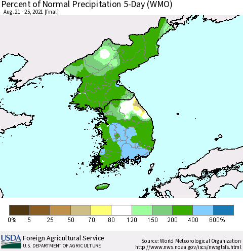Korea Percent of Normal Precipitation 5-Day (WMO) Thematic Map For 8/21/2021 - 8/25/2021