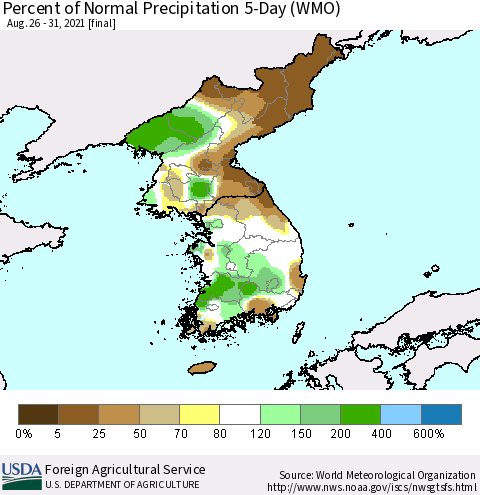 Korea Percent of Normal Precipitation 5-Day (WMO) Thematic Map For 8/26/2021 - 8/31/2021