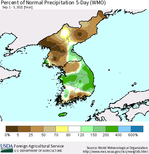 Korea Percent of Normal Precipitation 5-Day (WMO) Thematic Map For 9/1/2021 - 9/5/2021