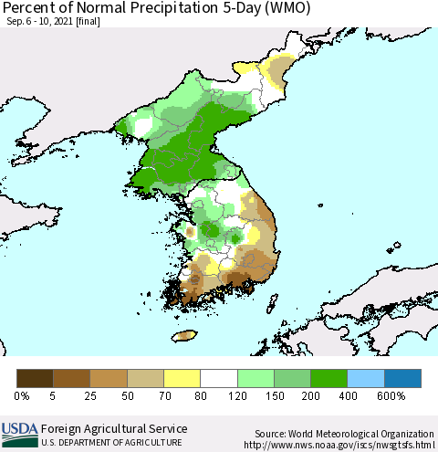 Korea Percent of Normal Precipitation 5-Day (WMO) Thematic Map For 9/6/2021 - 9/10/2021