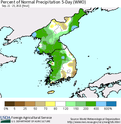 Korea Percent of Normal Precipitation 5-Day (WMO) Thematic Map For 9/21/2021 - 9/25/2021