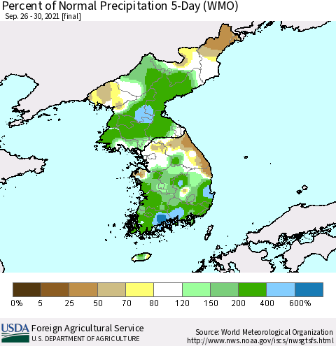 Korea Percent of Normal Precipitation 5-Day (WMO) Thematic Map For 9/26/2021 - 9/30/2021