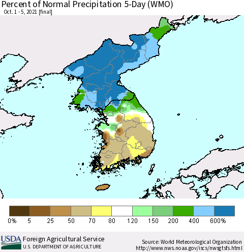 Korea Percent of Normal Precipitation 5-Day (WMO) Thematic Map For 10/1/2021 - 10/5/2021