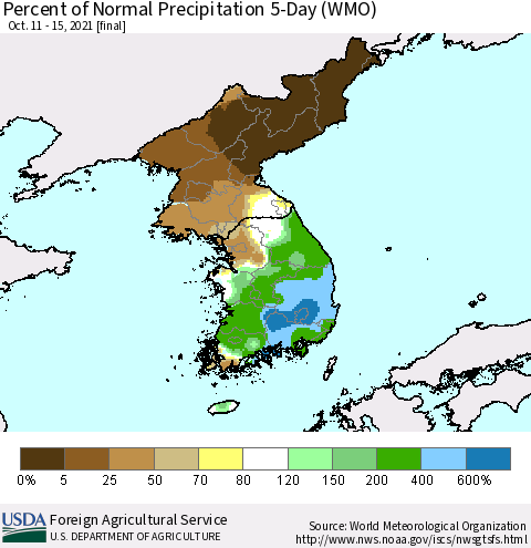 Korea Percent of Normal Precipitation 5-Day (WMO) Thematic Map For 10/11/2021 - 10/15/2021