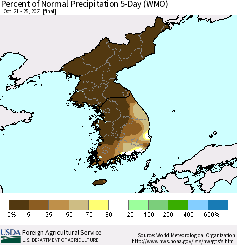 Korea Percent of Normal Precipitation 5-Day (WMO) Thematic Map For 10/21/2021 - 10/25/2021