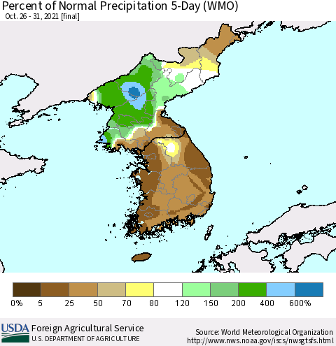 Korea Percent of Normal Precipitation 5-Day (WMO) Thematic Map For 10/26/2021 - 10/31/2021