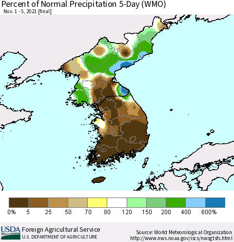 Korea Percent of Normal Precipitation 5-Day (WMO) Thematic Map For 11/1/2021 - 11/5/2021