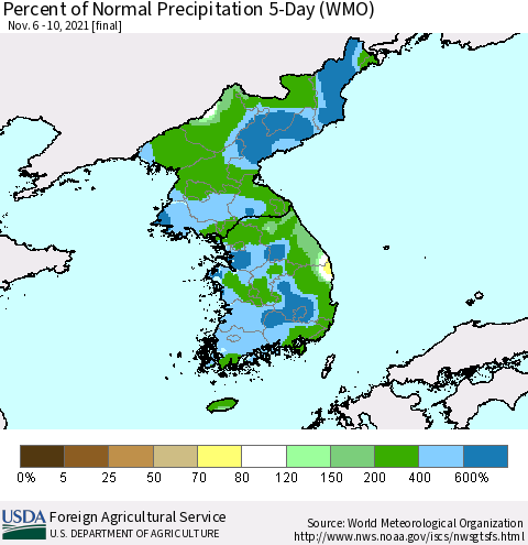 Korea Percent of Normal Precipitation 5-Day (WMO) Thematic Map For 11/6/2021 - 11/10/2021