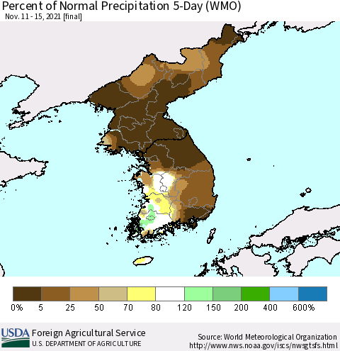 Korea Percent of Normal Precipitation 5-Day (WMO) Thematic Map For 11/11/2021 - 11/15/2021