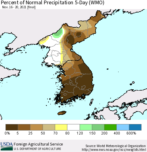 Korea Percent of Normal Precipitation 5-Day (WMO) Thematic Map For 11/16/2021 - 11/20/2021