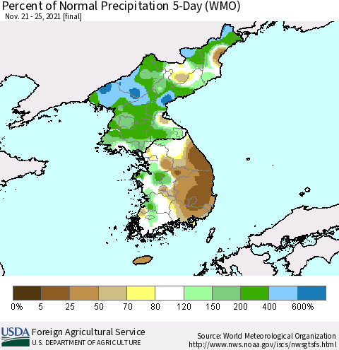 Korea Percent of Normal Precipitation 5-Day (WMO) Thematic Map For 11/21/2021 - 11/25/2021