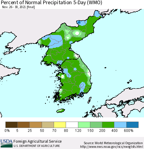 Korea Percent of Normal Precipitation 5-Day (WMO) Thematic Map For 11/26/2021 - 11/30/2021