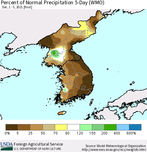Korea Percent of Normal Precipitation 5-Day (WMO) Thematic Map For 12/1/2021 - 12/5/2021