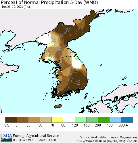 Korea Percent of Normal Precipitation 5-Day (WMO) Thematic Map For 12/6/2021 - 12/10/2021