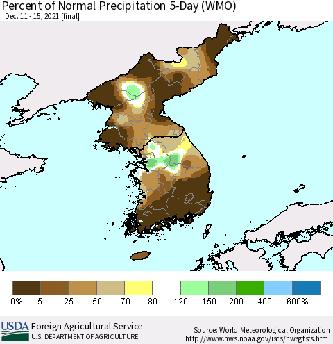 Korea Percent of Normal Precipitation 5-Day (WMO) Thematic Map For 12/11/2021 - 12/15/2021