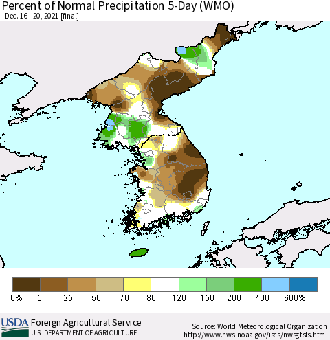 Korea Percent of Normal Precipitation 5-Day (WMO) Thematic Map For 12/16/2021 - 12/20/2021