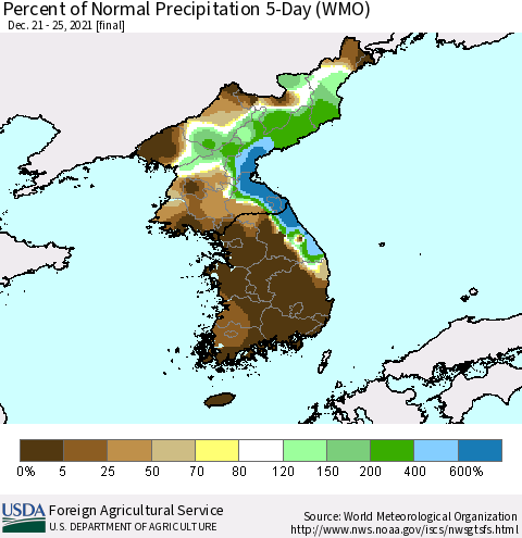 Korea Percent of Normal Precipitation 5-Day (WMO) Thematic Map For 12/21/2021 - 12/25/2021
