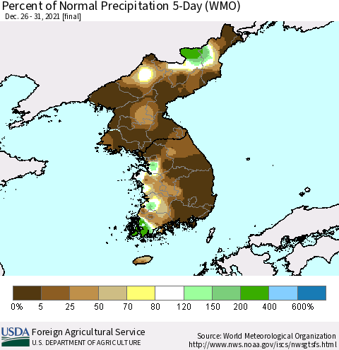 Korea Percent of Normal Precipitation 5-Day (WMO) Thematic Map For 12/26/2021 - 12/31/2021