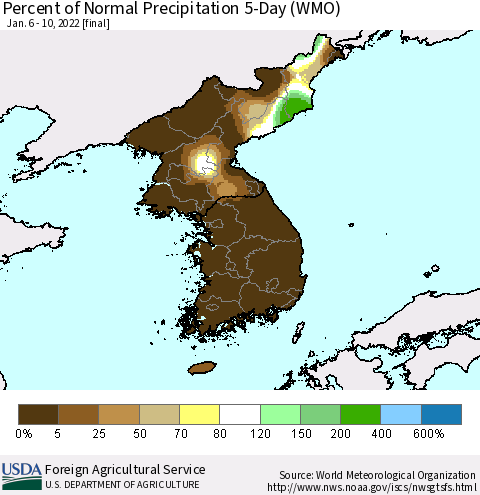 Korea Percent of Normal Precipitation 5-Day (WMO) Thematic Map For 1/6/2022 - 1/10/2022