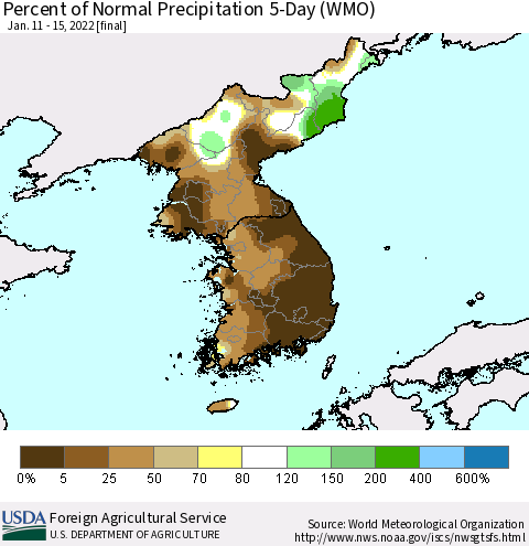 Korea Percent of Normal Precipitation 5-Day (WMO) Thematic Map For 1/11/2022 - 1/15/2022