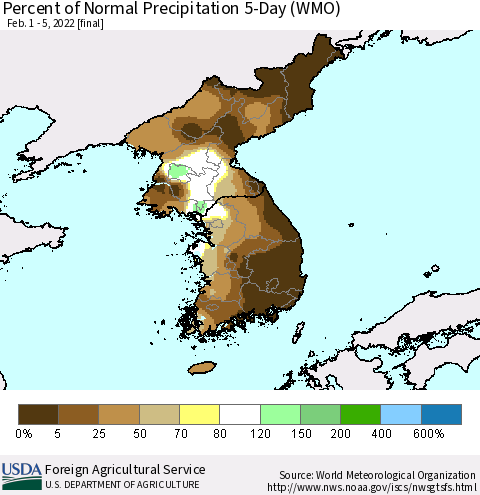 Korea Percent of Normal Precipitation 5-Day (WMO) Thematic Map For 2/1/2022 - 2/5/2022