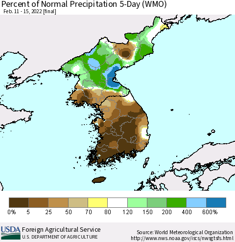 Korea Percent of Normal Precipitation 5-Day (WMO) Thematic Map For 2/11/2022 - 2/15/2022