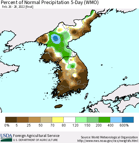 Korea Percent of Normal Precipitation 5-Day (WMO) Thematic Map For 2/26/2022 - 2/28/2022