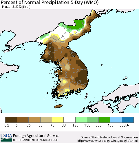 Korea Percent of Normal Precipitation 5-Day (WMO) Thematic Map For 3/1/2022 - 3/5/2022