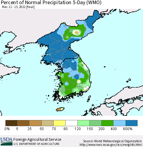 Korea Percent of Normal Precipitation 5-Day (WMO) Thematic Map For 3/11/2022 - 3/15/2022