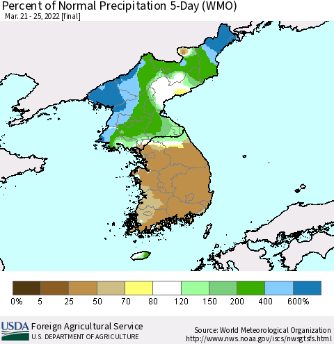 Korea Percent of Normal Precipitation 5-Day (WMO) Thematic Map For 3/21/2022 - 3/25/2022