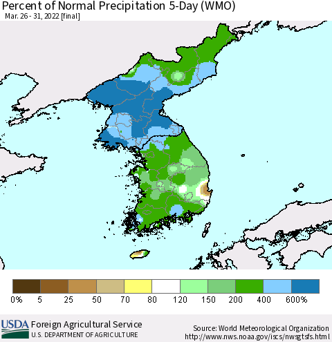 Korea Percent of Normal Precipitation 5-Day (WMO) Thematic Map For 3/26/2022 - 3/31/2022