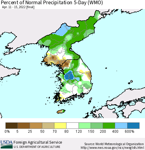 Korea Percent of Normal Precipitation 5-Day (WMO) Thematic Map For 4/11/2022 - 4/15/2022