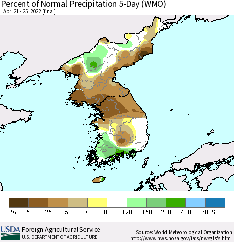 Korea Percent of Normal Precipitation 5-Day (WMO) Thematic Map For 4/21/2022 - 4/25/2022