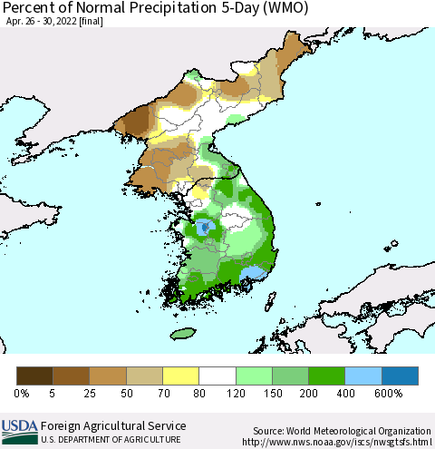 Korea Percent of Normal Precipitation 5-Day (WMO) Thematic Map For 4/26/2022 - 4/30/2022