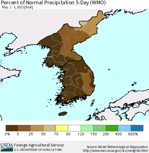 Korea Percent of Normal Precipitation 5-Day (WMO) Thematic Map For 5/1/2022 - 5/5/2022