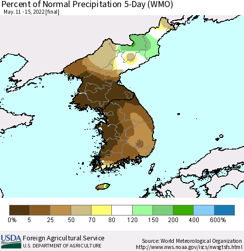 Korea Percent of Normal Precipitation 5-Day (WMO) Thematic Map For 5/11/2022 - 5/15/2022