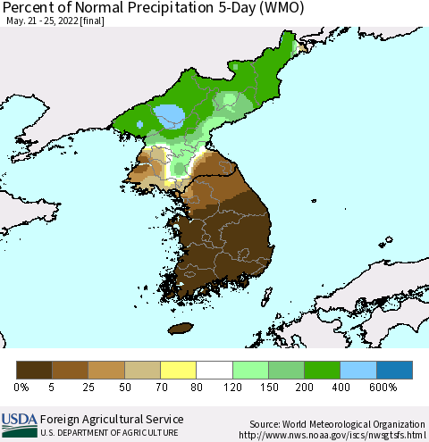 Korea Percent of Normal Precipitation 5-Day (WMO) Thematic Map For 5/21/2022 - 5/25/2022