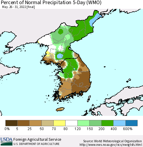 Korea Percent of Normal Precipitation 5-Day (WMO) Thematic Map For 5/26/2022 - 5/31/2022
