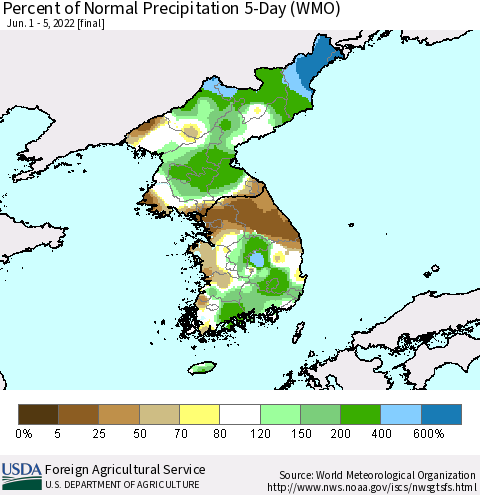 Korea Percent of Normal Precipitation 5-Day (WMO) Thematic Map For 6/1/2022 - 6/5/2022