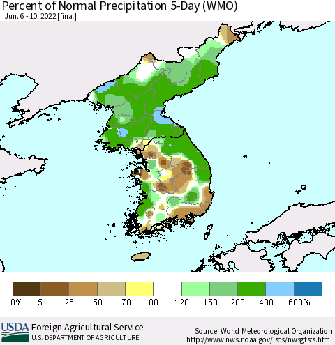 Korea Percent of Normal Precipitation 5-Day (WMO) Thematic Map For 6/6/2022 - 6/10/2022