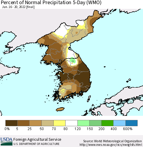 Korea Percent of Normal Precipitation 5-Day (WMO) Thematic Map For 6/16/2022 - 6/20/2022