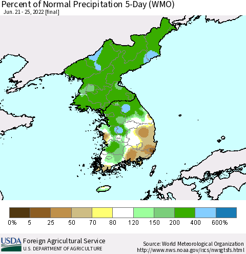 Korea Percent of Normal Precipitation 5-Day (WMO) Thematic Map For 6/21/2022 - 6/25/2022