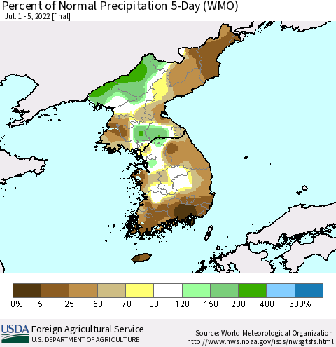 Korea Percent of Normal Precipitation 5-Day (WMO) Thematic Map For 7/1/2022 - 7/5/2022