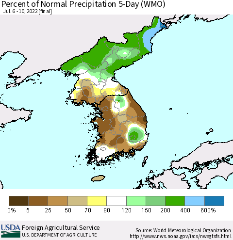 Korea Percent of Normal Precipitation 5-Day (WMO) Thematic Map For 7/6/2022 - 7/10/2022