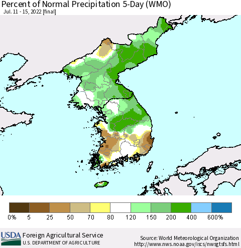 Korea Percent of Normal Precipitation 5-Day (WMO) Thematic Map For 7/11/2022 - 7/15/2022