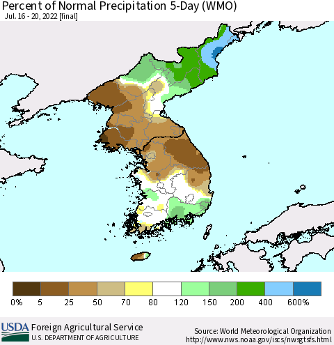 Korea Percent of Normal Precipitation 5-Day (WMO) Thematic Map For 7/16/2022 - 7/20/2022