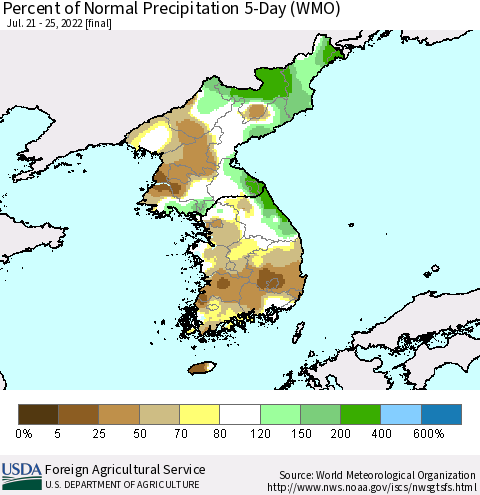 Korea Percent of Normal Precipitation 5-Day (WMO) Thematic Map For 7/21/2022 - 7/25/2022