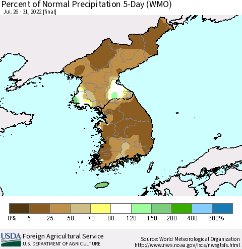 Korea Percent of Normal Precipitation 5-Day (WMO) Thematic Map For 7/26/2022 - 7/31/2022