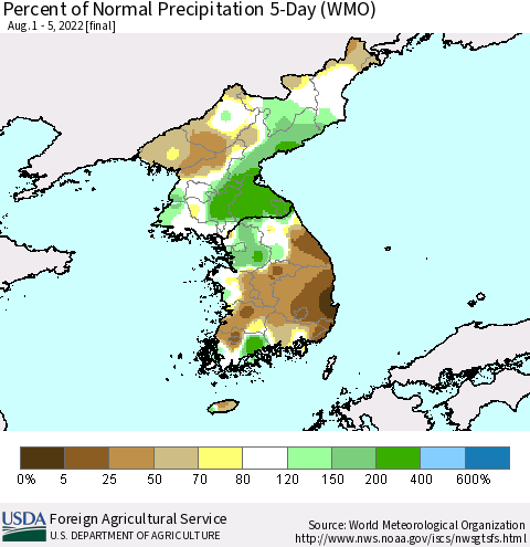 Korea Percent of Normal Precipitation 5-Day (WMO) Thematic Map For 8/1/2022 - 8/5/2022