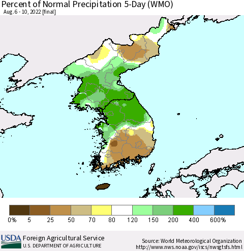 Korea Percent of Normal Precipitation 5-Day (WMO) Thematic Map For 8/6/2022 - 8/10/2022